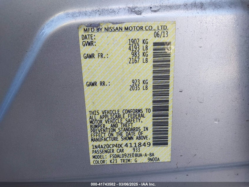 2013 NISSAN LEAF VIN: 1N4AZ0CP4DC411849