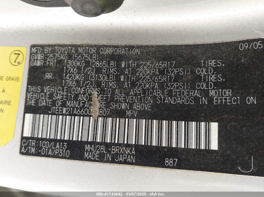2006 TOYOTA HIGHLANDER VIN: JTEEW21A660011807