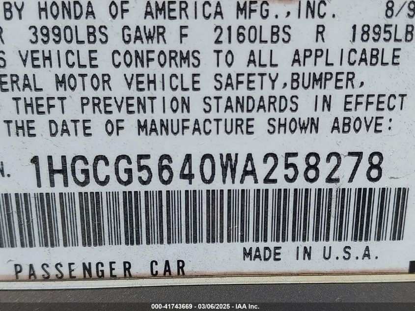 1998 Honda Accord Lx VIN: 1HGCG5640WA258278 Lot: 41743669