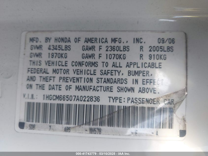 2007 Honda Accord VIN: 00000024231982646 Lot: 41743779