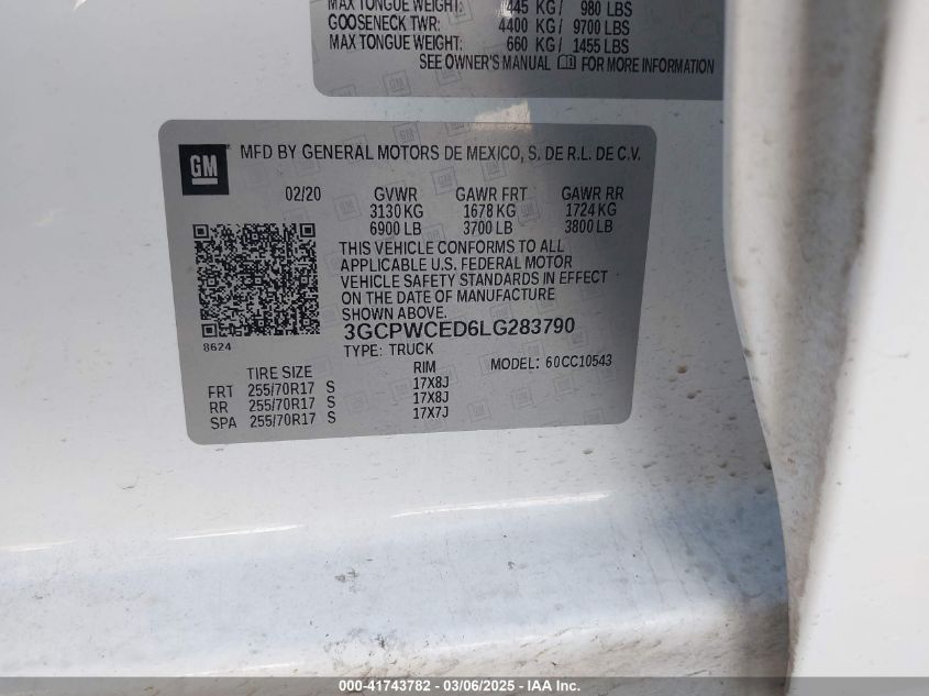 2020 Chevrolet Silverado 1500 2Wd Short Bed Lt VIN: 3GCPWCED6LG283790 Lot: 41743782