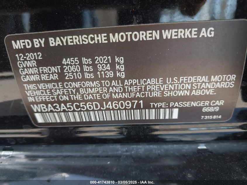 2013 BMW 328I VIN: WBA3A5C56DJ460971 Lot: 41743810