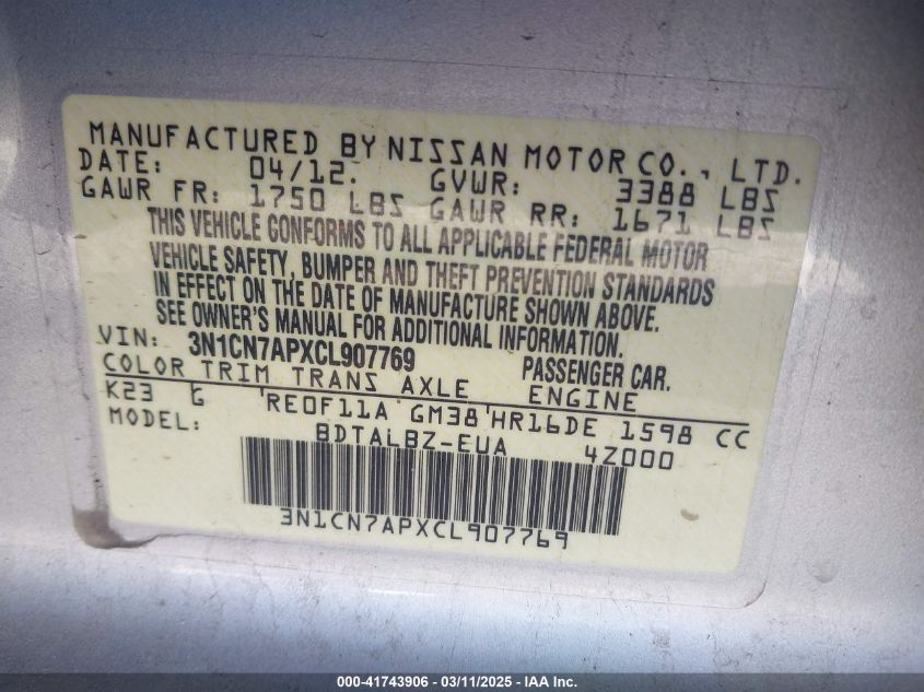 2012 Nissan Versa 1.6 Sv VIN: 3N1CN7APXCL907769 Lot: 41743906