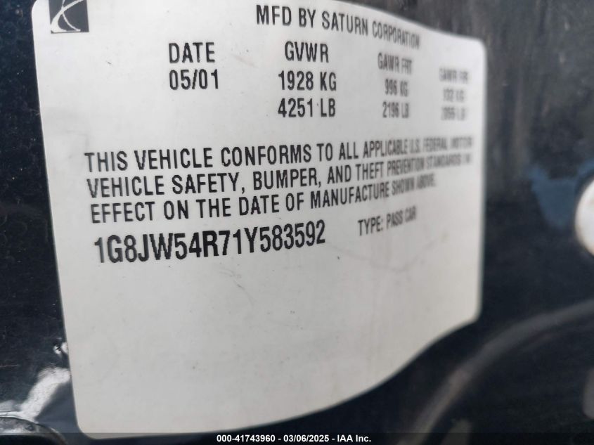 2001 Saturn L300 VIN: 1G8JW54R71Y583592 Lot: 41743960