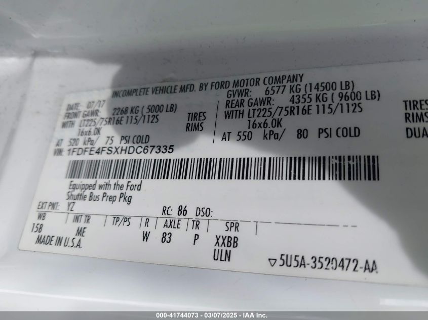 2017 Ford E-450 Cutaway VIN: 1FDFE4FSXHDC67335 Lot: 43369839