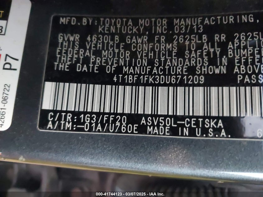 2013 TOYOTA CAMRY VIN: 4T1BF1FK3DU671209