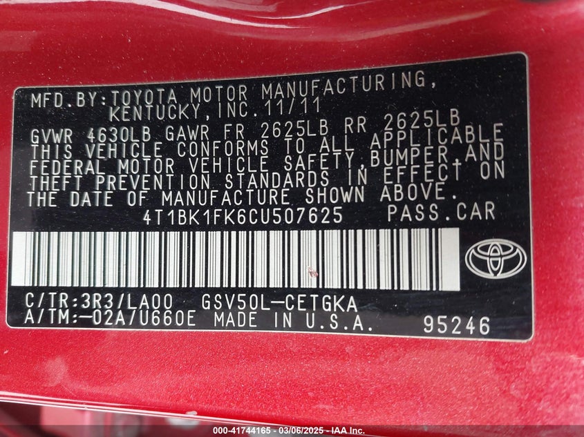 2012 TOYOTA CAMRY VIN: 4T1BK1FK6CU507625