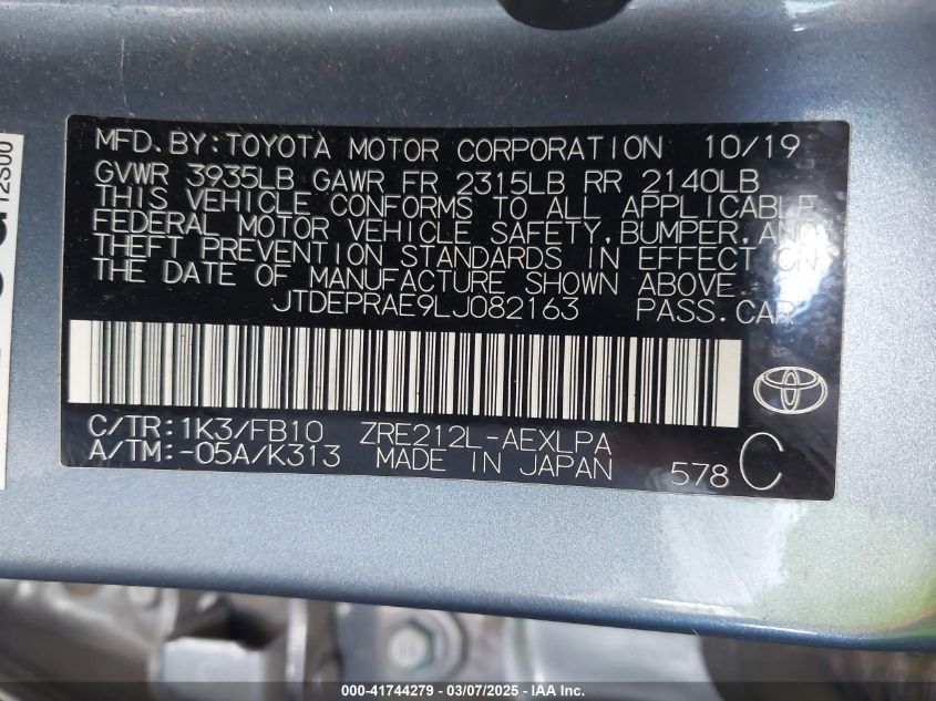 2020 Toyota Corolla Le VIN: JTDEPRAE9LJ082163 Lot: 41744279