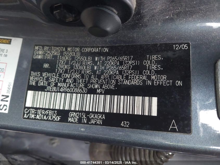 2006 Toyota 4Runner Sr5 Sport V6 VIN: JTEBU14R960088630 Lot: 41744381