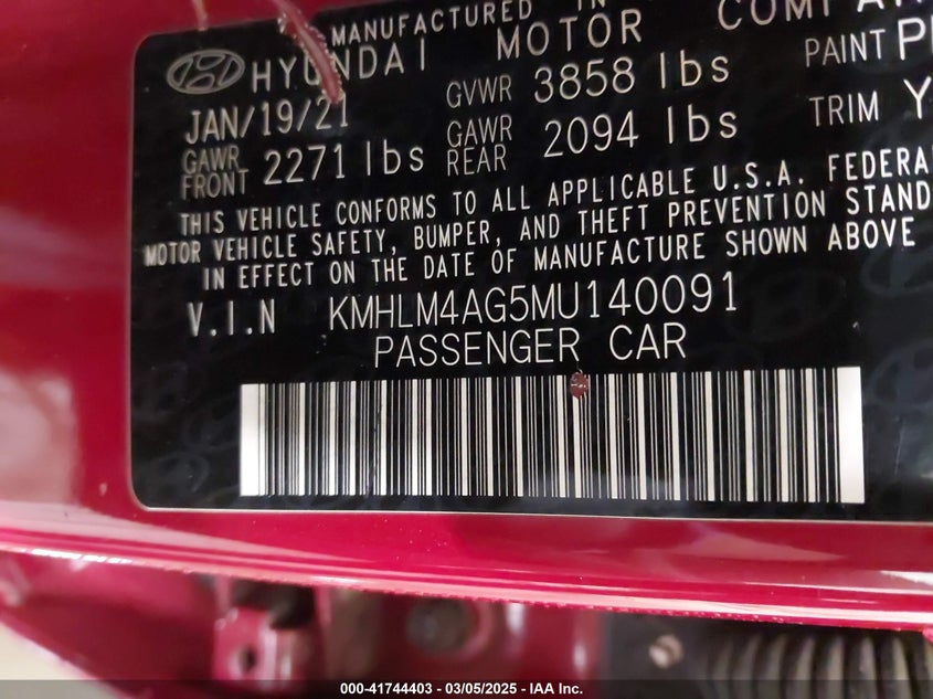 2021 HYUNDAI ELANTRA VIN: KMHLM4AG5MU140091