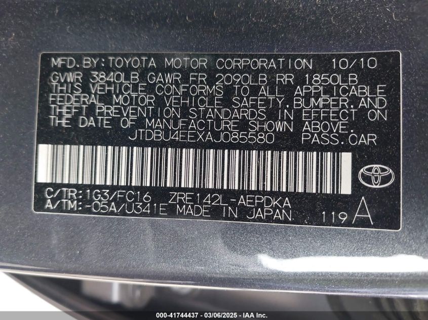 2010 Toyota Corolla Le VIN: JTDBU4EEXAJ085580 Lot: 41744437