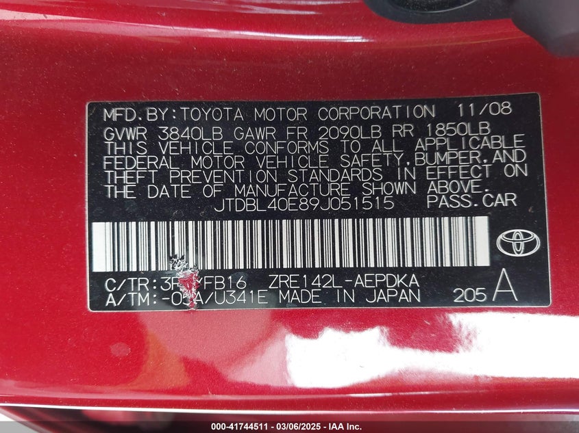 2009 TOYOTA COROLLA VIN: JTDBL40E89J051515