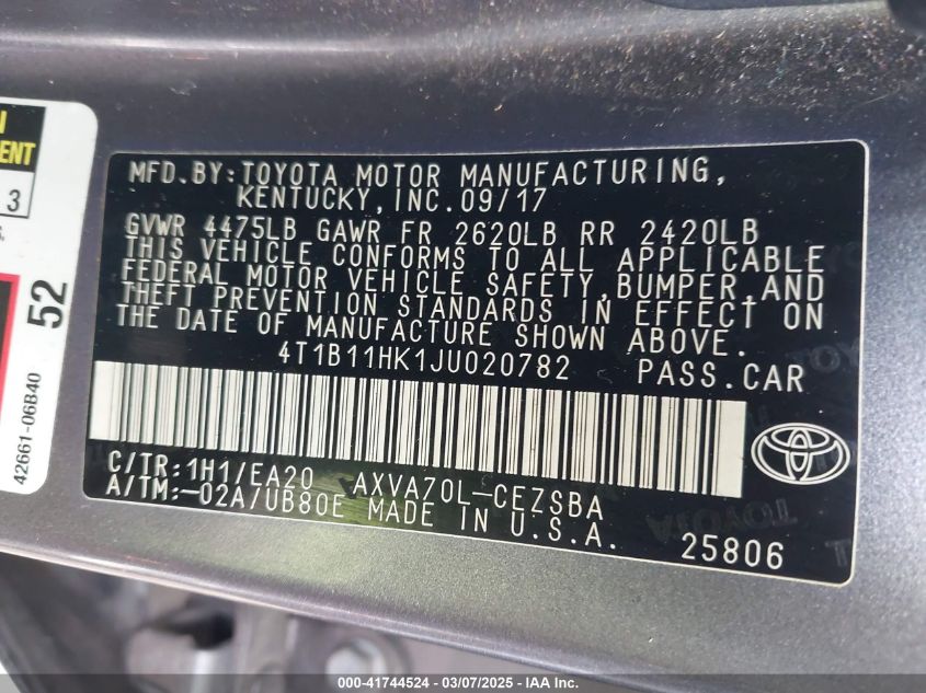 2018 Toyota Camry Se VIN: 4T1B11HK1JU020782 Lot: 41744524
