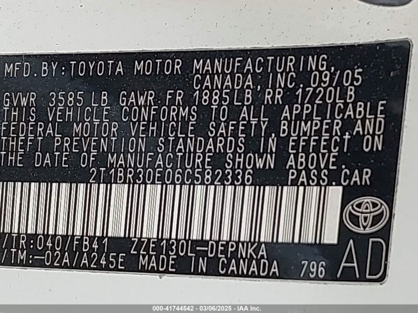 2006 Toyota Corolla Ce/Le/S VIN: 2T1BR30E06C58233 Lot: 41744542