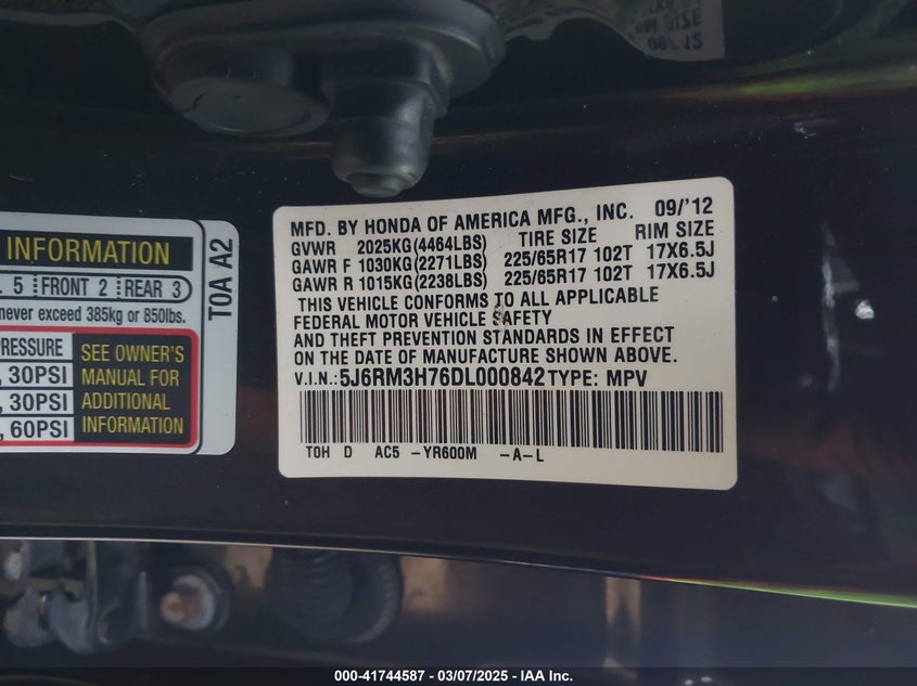 2013 HONDA CR-V VIN: 5J6RM3H76DL000842