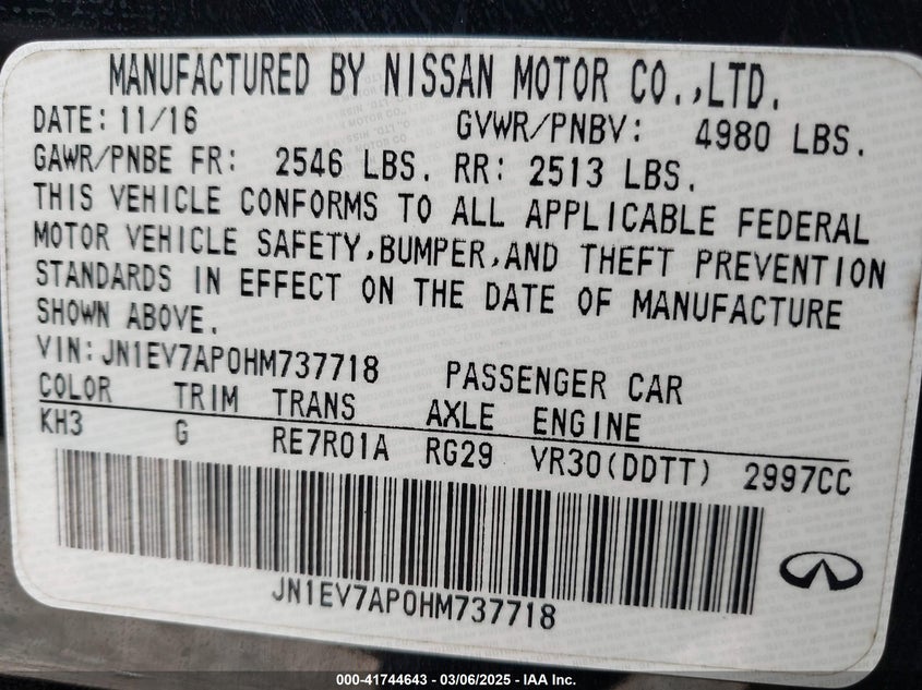 2017 INFINITI Q50 VIN: JN1EV7AP0HM737718