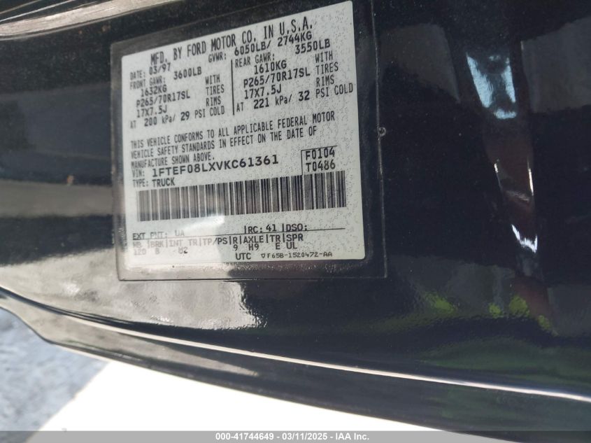 1997 Ford F-150 Lariat/Xl/Xlt VIN: 1FTEF08LXVKC61361 Lot: 41744649
