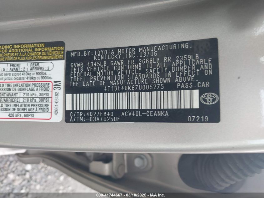 2007 Toyota Camry Hybrid VIN: 4T1BB46K67U005275 Lot: 41744667