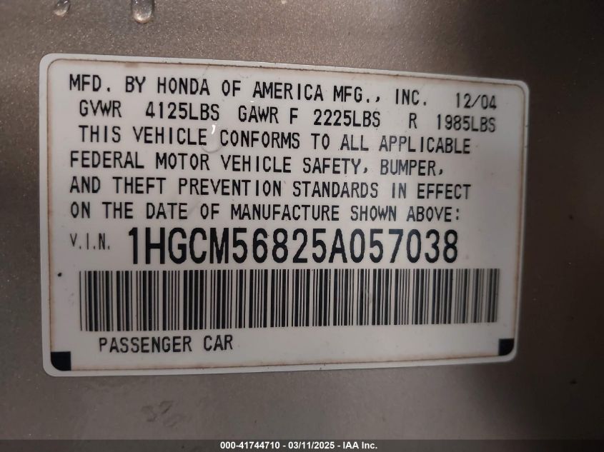 2005 Honda Accord 2.4 Ex VIN: 1HGCM568X5S057038 Lot: 41744710