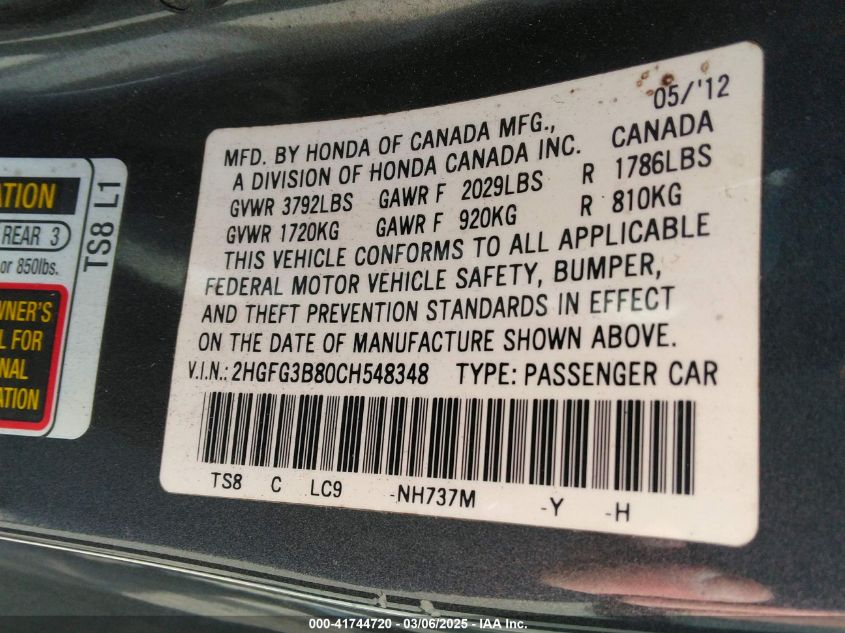 2012 Honda Civic Ex VIN: 2HGFG3B80CH548348 Lot: 41744720