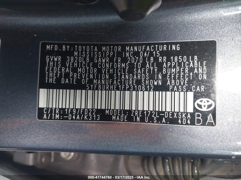 2015 TOYOTA COROLLA VIN: 5YFBURHE1FP310612