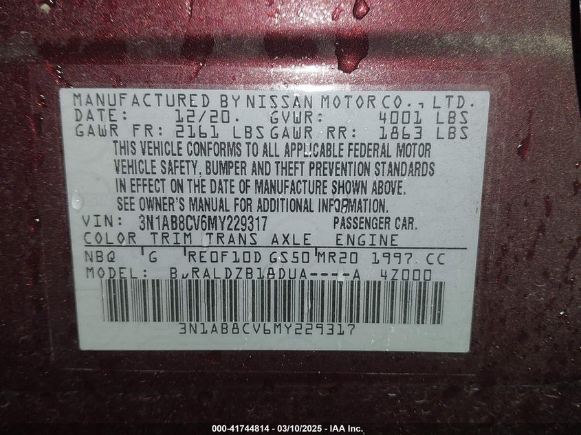 2021 NISSAN SENTRA VIN: 3N1AB8CV6MY229317