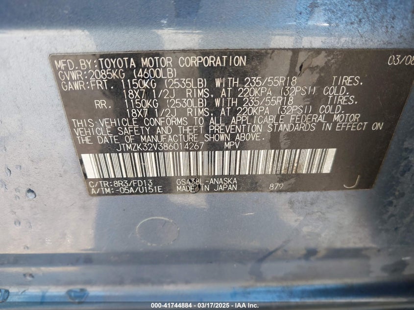 2008 TOYOTA RAV4 VIN: JTMZK32V386014267