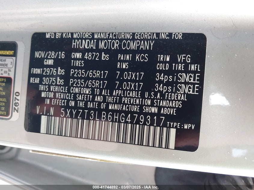 2017 HYUNDAI SANTA FE SPORT VIN: 5XYZT3LB6HG479317