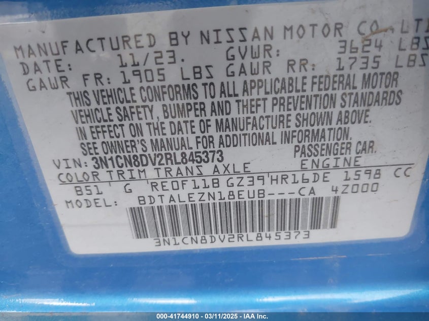 2024 NISSAN VERSA VIN: 3N1CN8DV2RL845373