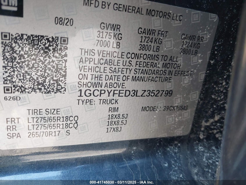 2020 CHEVROLET SILVERADO 1500 VIN: 1GCPYFED3LZ352799