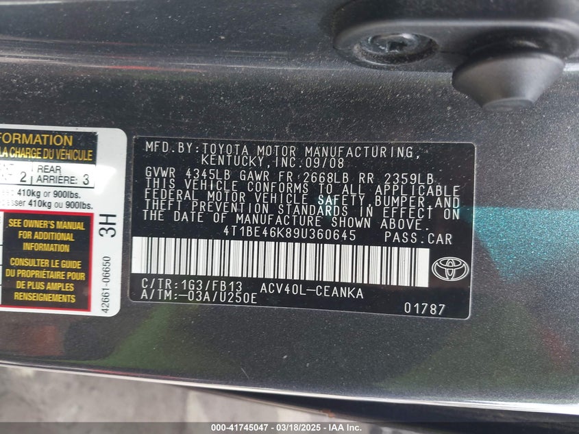 2009 TOYOTA CAMRY VIN: 4T1BE46K89U360645