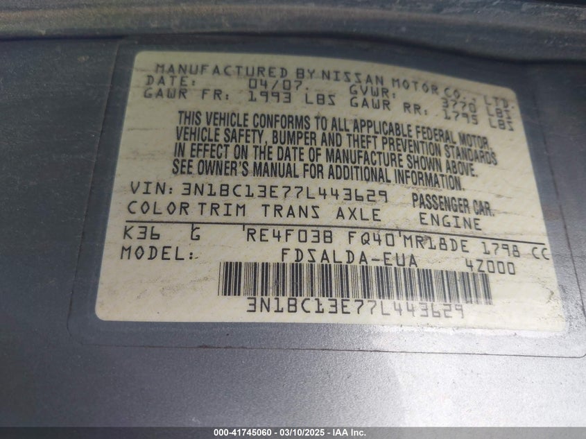 2007 NISSAN VERSA VIN: 3N1BC13E77L443629