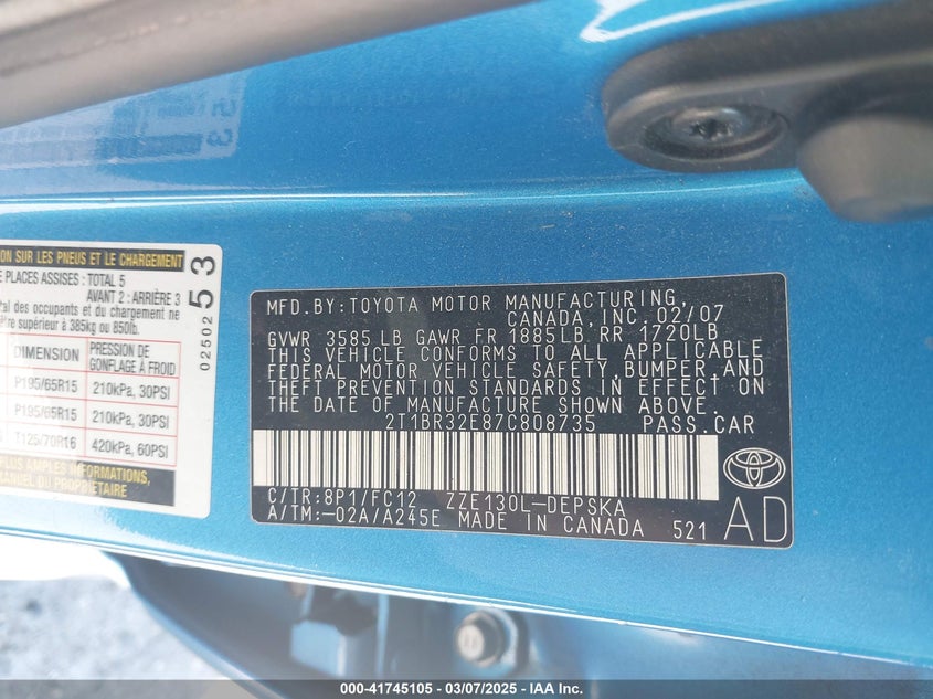 2007 TOYOTA COROLLA VIN: 2T1BR32E87C808735