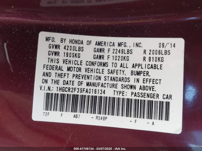 2015 HONDA ACCORD VIN: 1HGCR2F35FA016134