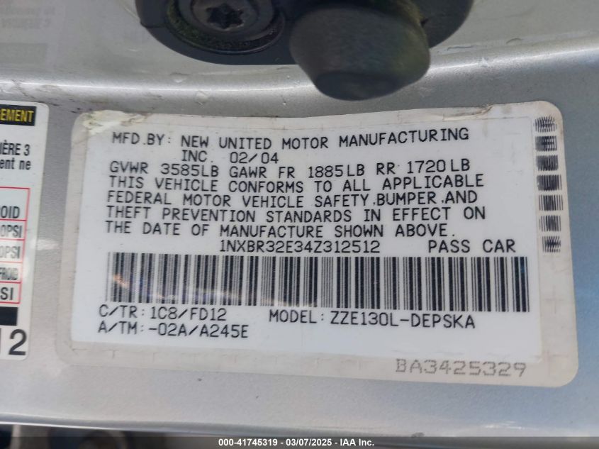 2004 Toyota Corolla S VIN: 1NXBR32E34Z312512 Lot: 41745319