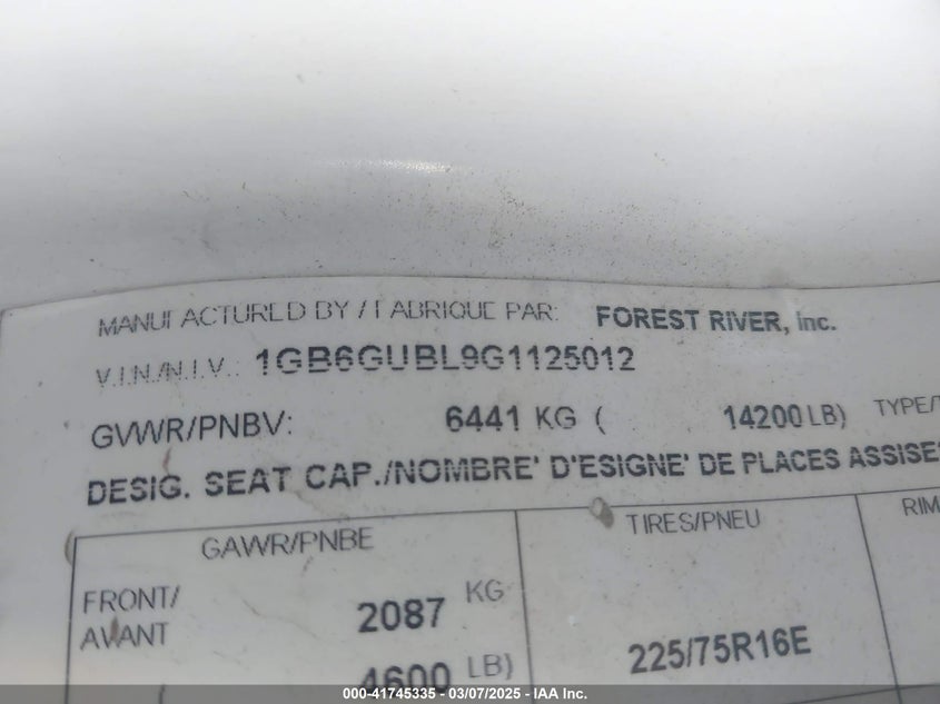 2016 Chevrolet Express Cutaway 4500 Diesel VIN: 1GB6GUBL9G1125012 Lot: 41745335