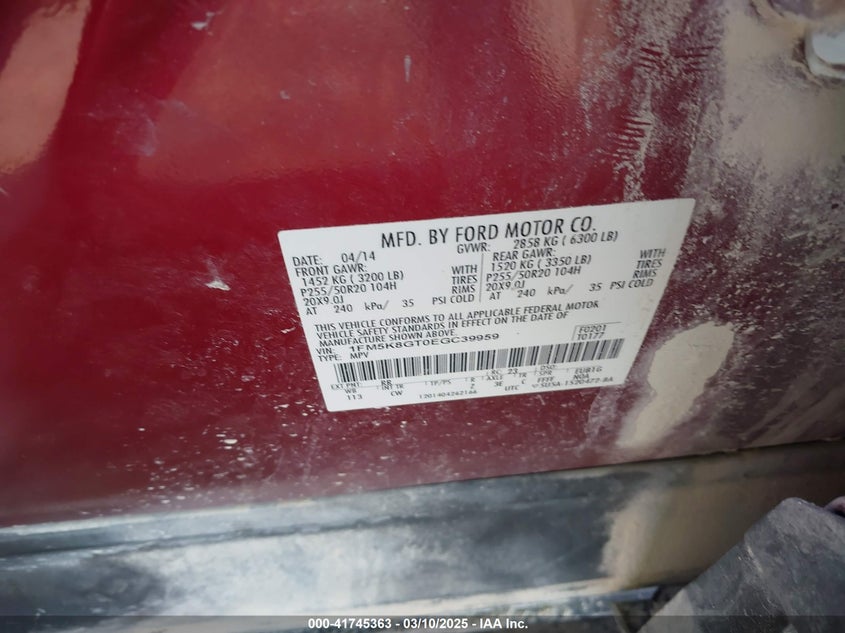 2014 FORD EXPLORER VIN: 1FM5K8GT0EGC39959