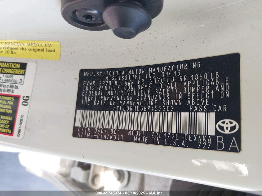 2016 TOYOTA COROLLA VIN: 5YFBURHE5GP452303