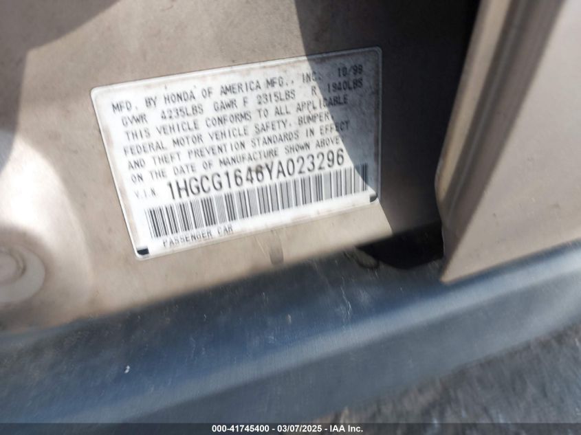 2000 Honda Accord 3.0 Lx VIN: 1HGCG1646YA023296 Lot: 41745400
