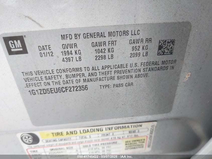 2012 CHEVROLET MALIBU VIN: 1G1ZD5EU6CF272356
