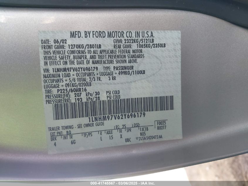 2002 Lincoln Continental VIN: 1LNHM97V62Y696179 Lot: 41745567