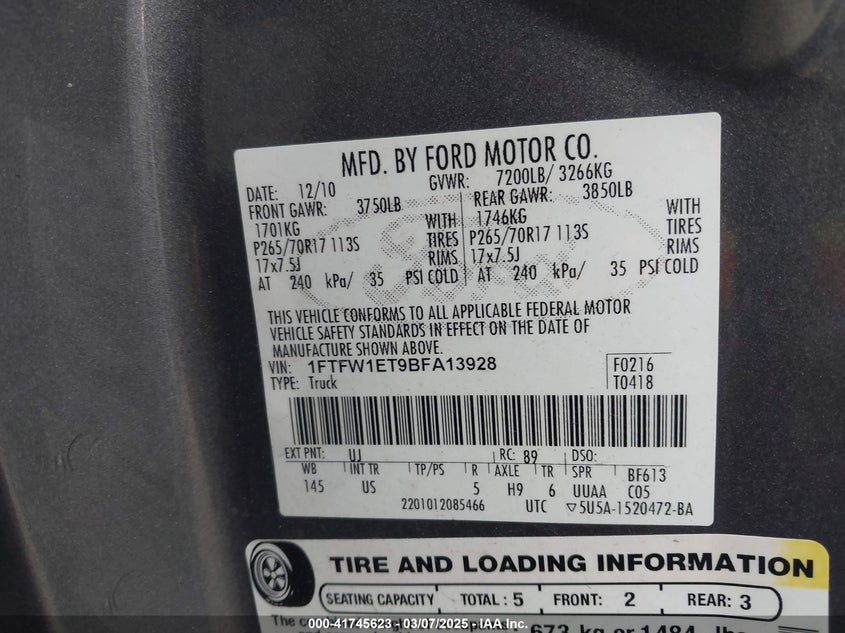 2011 FORD F150 VIN: 1FTFW1ET9BFA13928