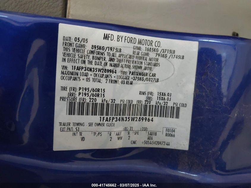 2005 Ford Focus Zx4 VIN: 1FAFP34N35W289964 Lot: 41745662