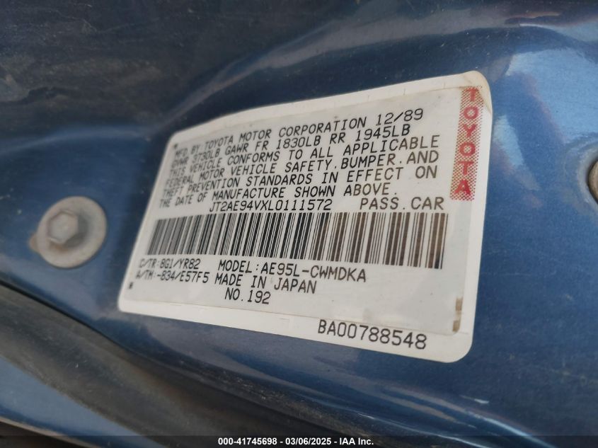 1990 Toyota Corolla Dlx VIN: JT2AE94VXL0111572 Lot: 41745698