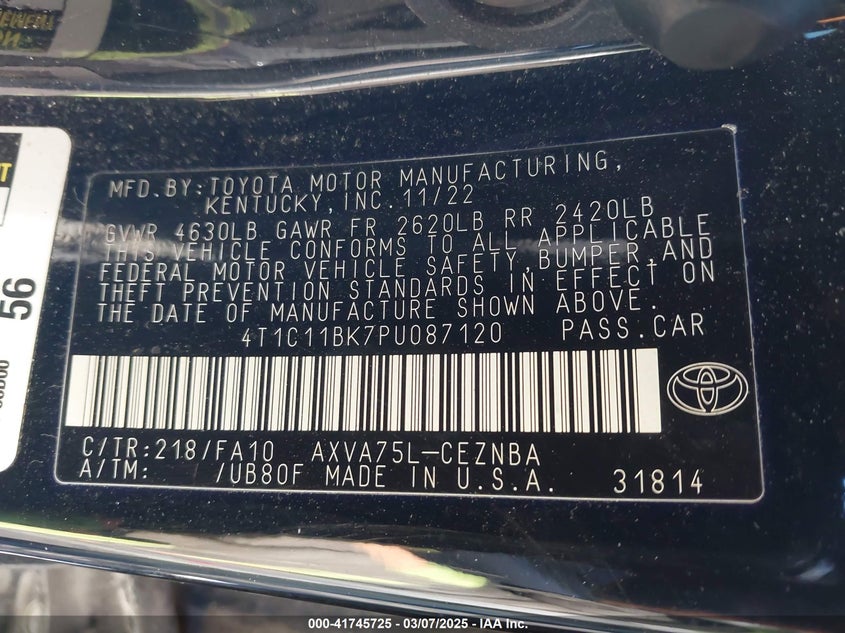 2023 TOYOTA CAMRY VIN: 4T1C11BK7PU087120