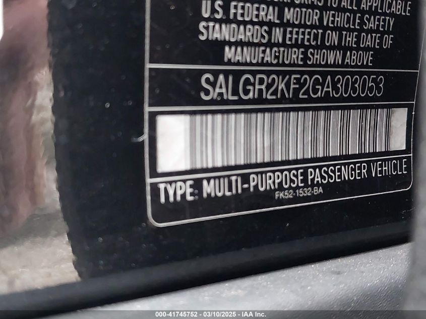 2016 Land Rover Range Rover 3.0L V6 Turbocharged Diesel Td6 VIN: SALGR2KF2GA303053 Lot: 41745752