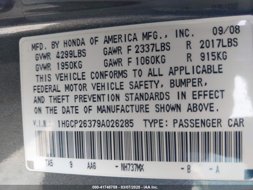 2009 Honda Accord 2.4 Lx VIN: 1HGCP26379A026285 Lot: 41745759