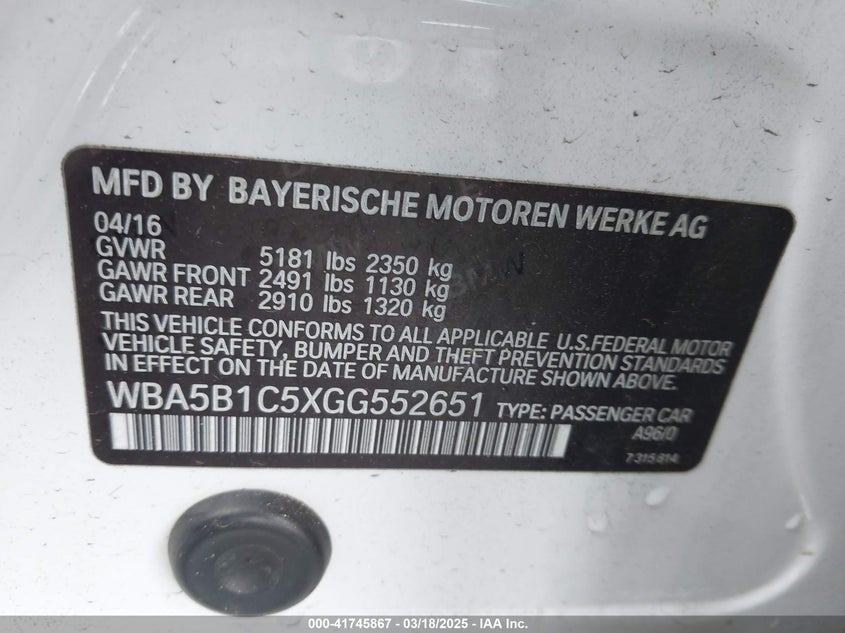 2016 BMW 535I VIN: WBA5B1C5XGG552651 Lot: 41745867