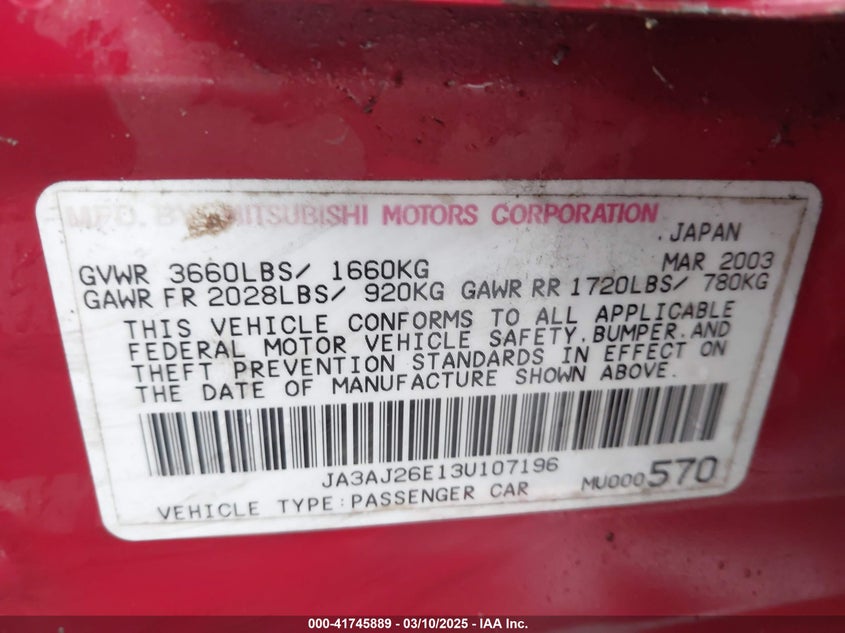 2003 Mitsubishi Lancer Es VIN: JA3AJ26E13U107196 Lot: 41745889