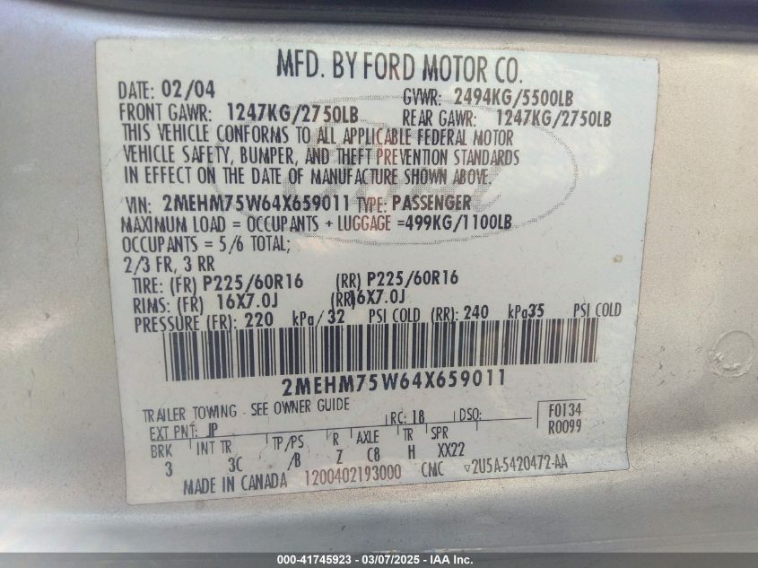 2004 Mercury Grand Marquis Ls VIN: 2MEHM75W64X659011 Lot: 41745923